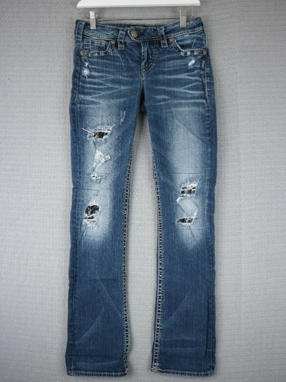 Silver Jeans Co Tuesday Mid Baby Boot Cut Low Rise Denim Jeans Distressed 26x31